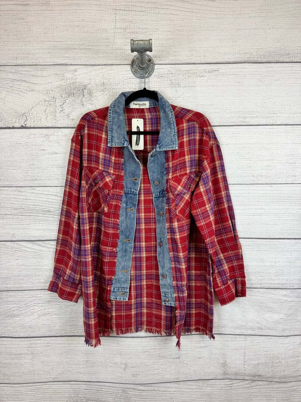 Impressions Women's Red Purple Plaid Denim Trim Flannel Shirt Size Small
